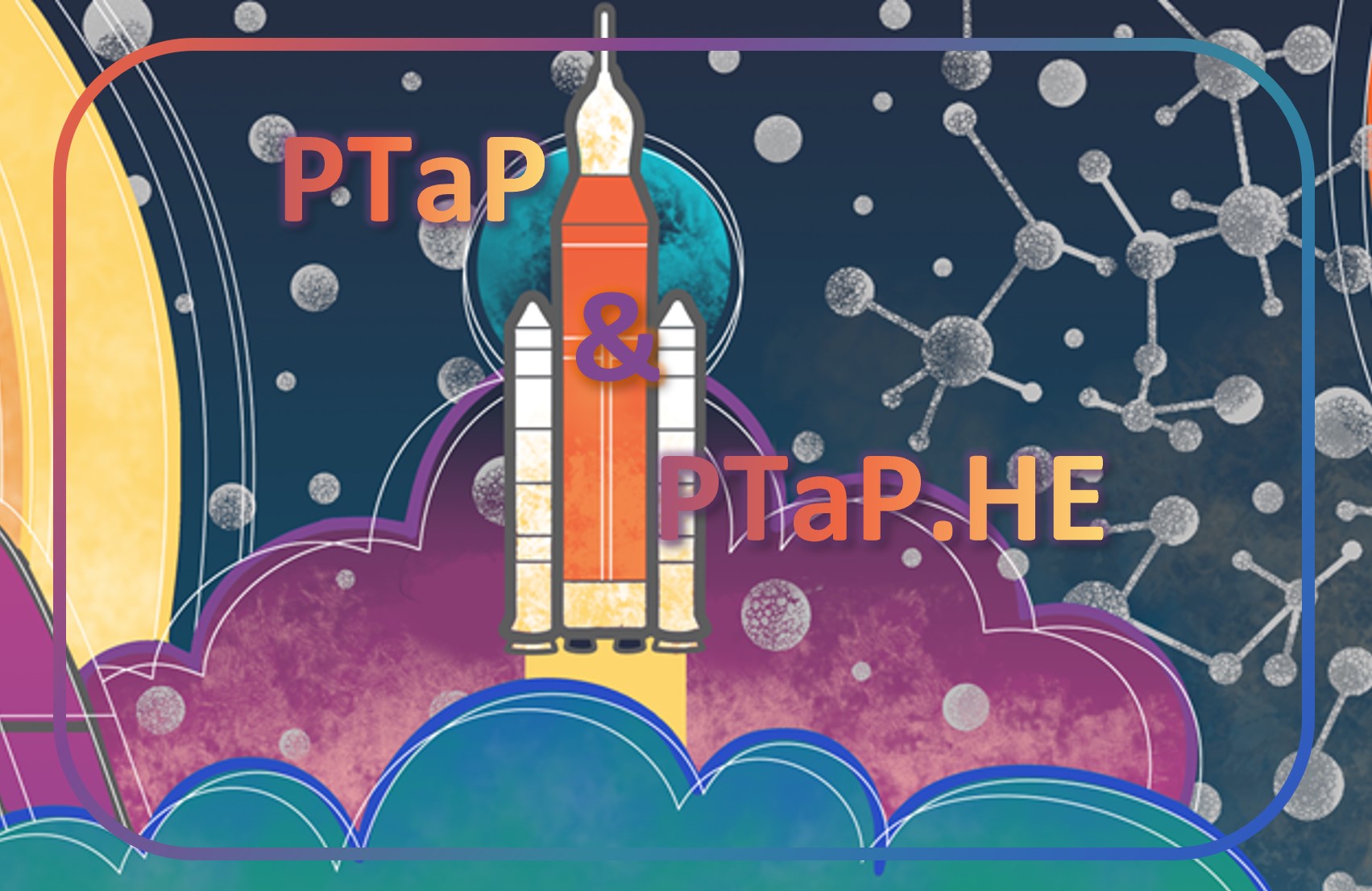 graphic of a colorful rocket launching into space. molcule shaped stars in the background